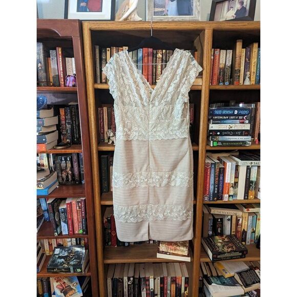 MARINA champagne cocktail dress bodycon lace and pleated chiffon sz 14 - Picture 2 of 9